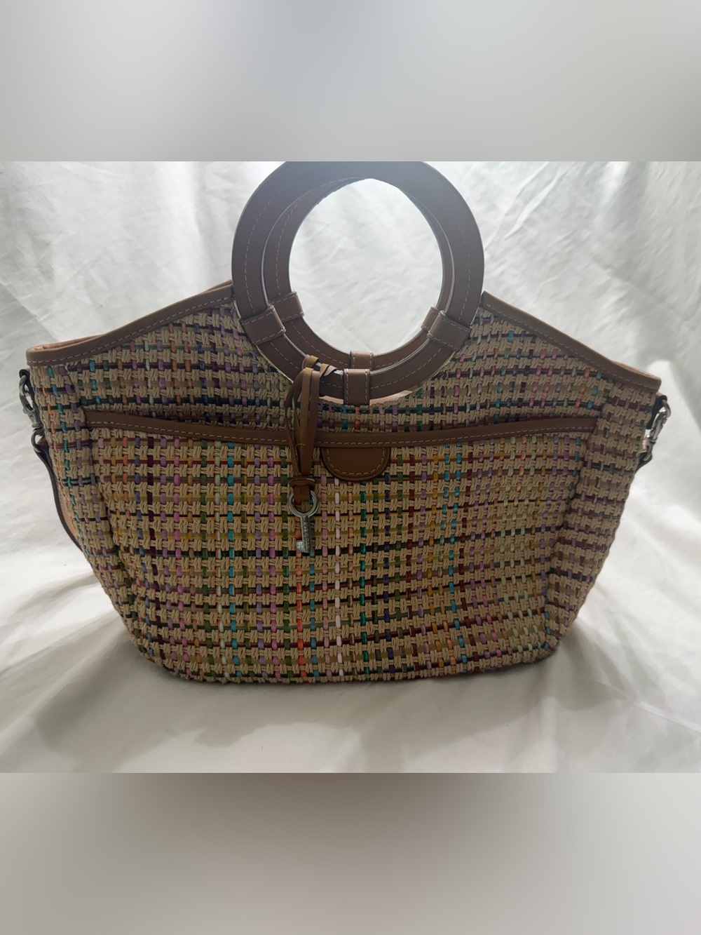 Woven Multicolor Straw Tote Bag with Brown Trim